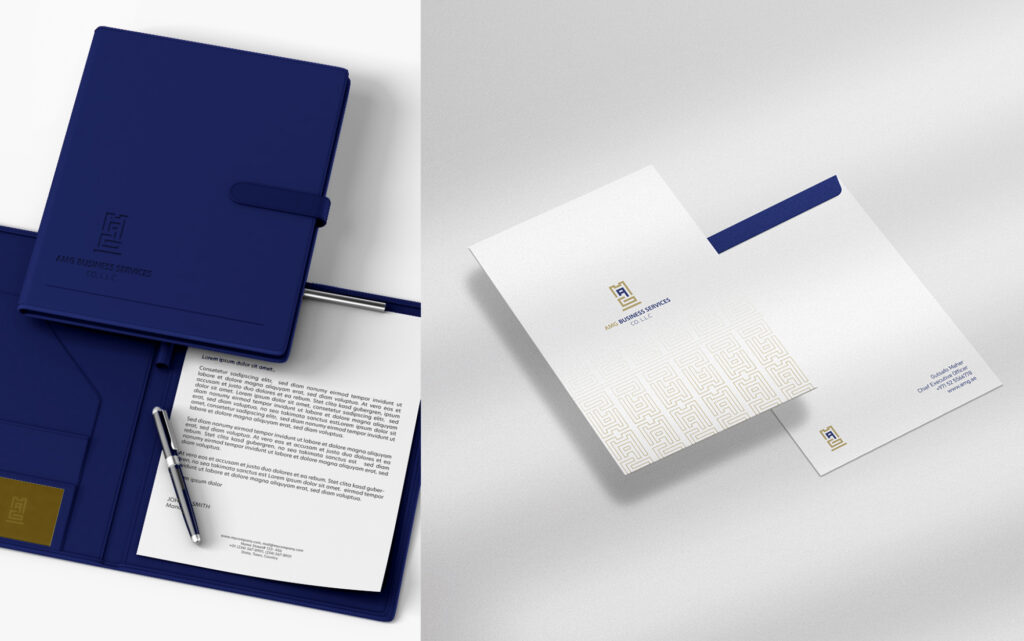 Modern corporate branding elements including typography and color scheme for AMG Business Services