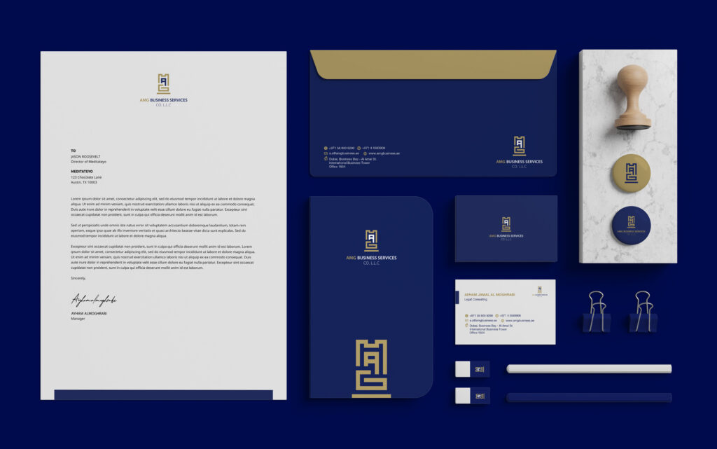 Modern corporate branding elements including typography and color scheme for AMG Business Services