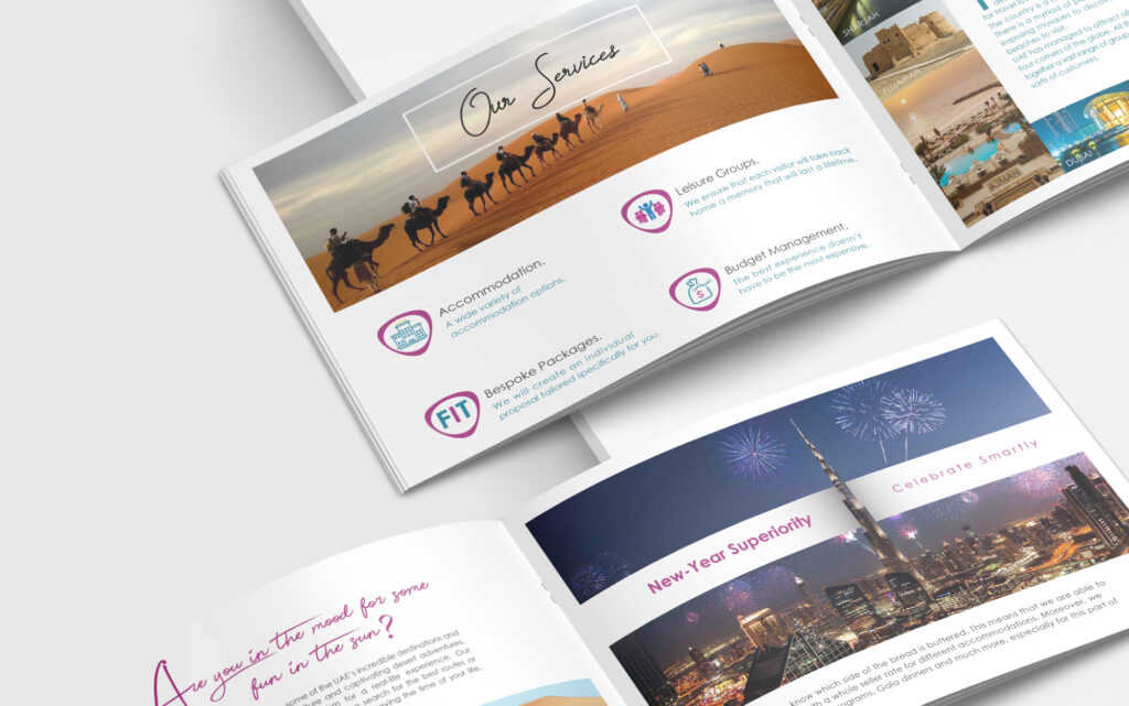 Minimalist graphic design for travel agency brochure highlighting global holiday packages
