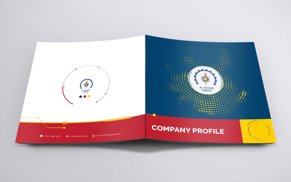 Custom corporate profile layout for Al Hoson Group highlighting HVAC and Electrical engineering services